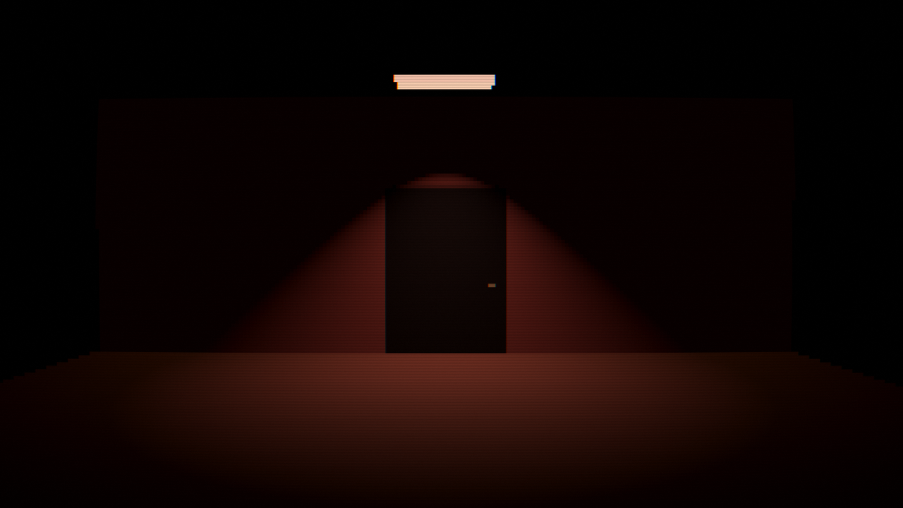 A single lit door at the end of a dark, warm-lit room.
